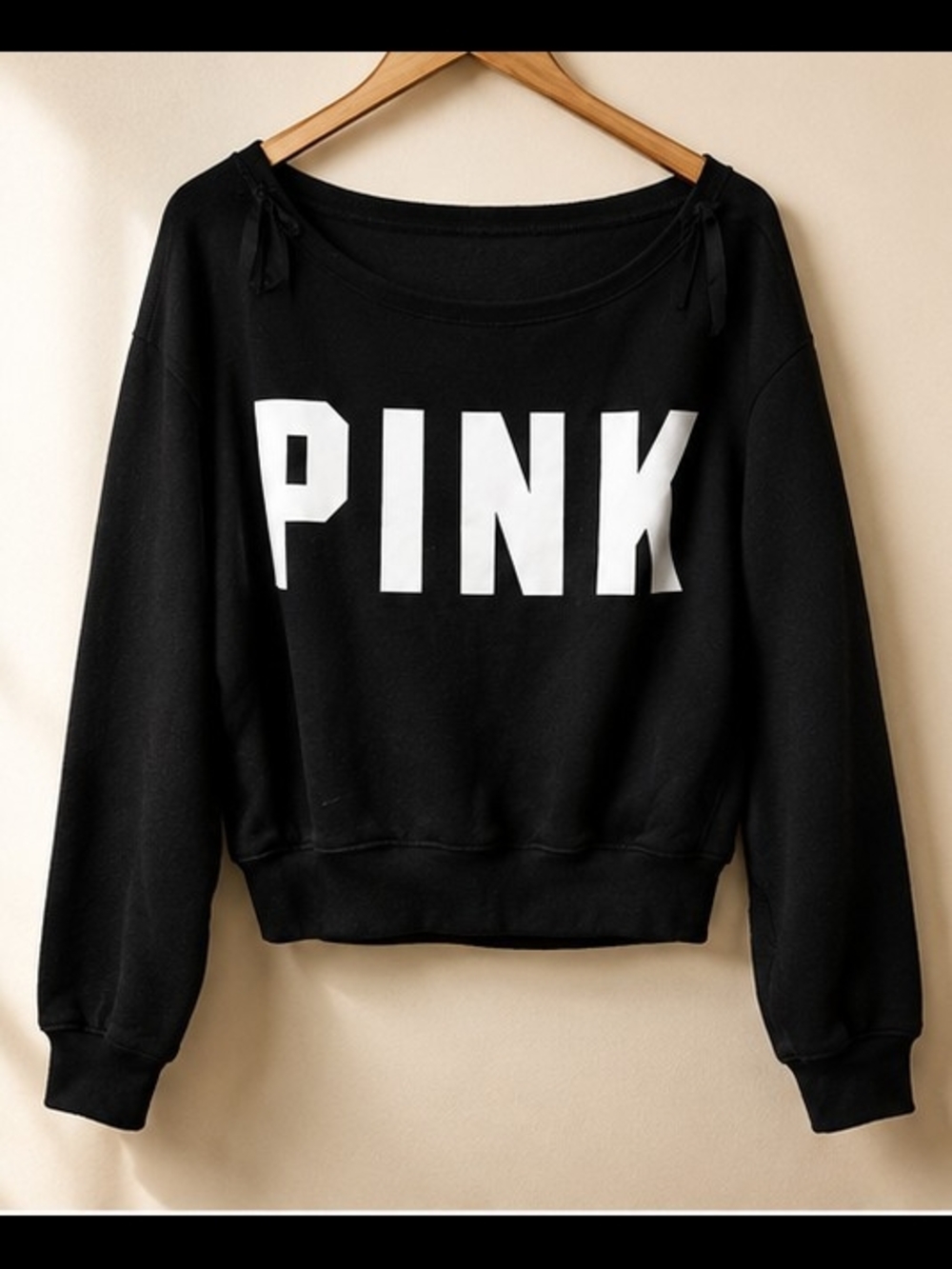PINK Victoria's Secret Black Off The Shoulder Sweatshirt with White Logo